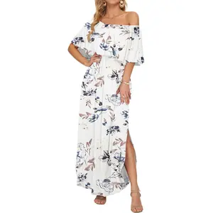 AUSELILY Womens Off The Shoulder Dress Wedding Guest Dress Summer Casual Long Ruffle Party Side Split Beach Maxi Dresses with Pockets