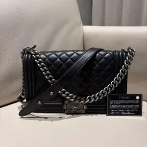 Pre-owned CHANEL Boy Medium Flap Bag Black Quilted Lambskin Leather Gold Hardware Chain Shoulder Bag with with an identity card 2017 23565940 HK