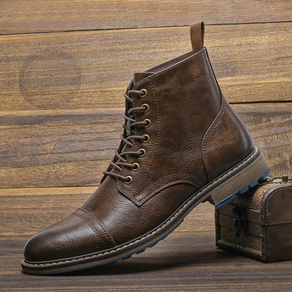 Men's Retro Combat Boots in Leather - Durable Non-Slip Work Shoes with Comfortable EVA Sole, Men's Accessories, Men’s Shoes