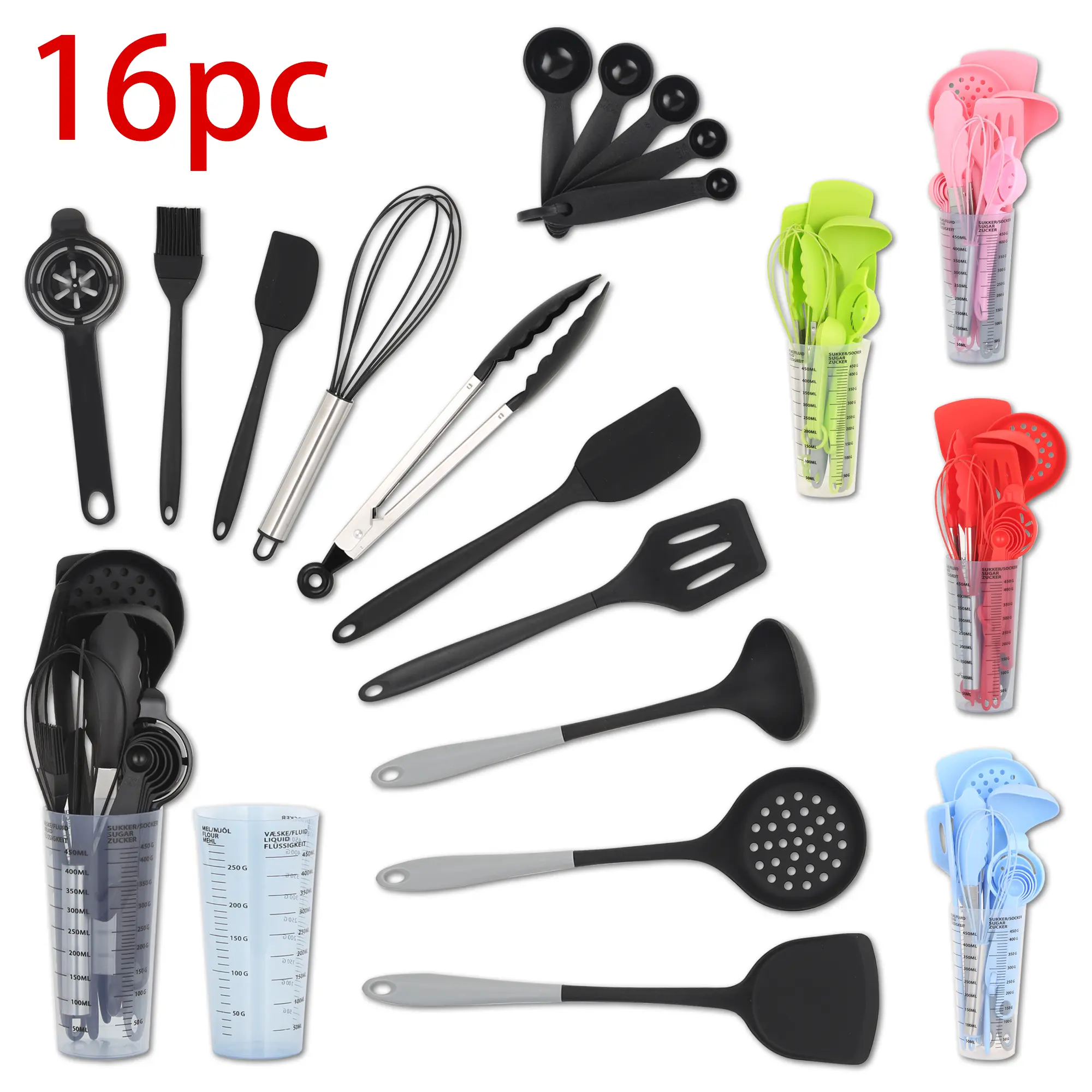 16-Piece BPA-Free Heat-Resistant Nonstick Silicone Kitchen Cooking Utensil Set with Heavy-Duty Tongs, Measuring Cup Holder, Spatula, Ladle, Whisk, Measuring Spoons, High-Heat Silicone Tools & Kitchen Accessories for Cooking, Baking