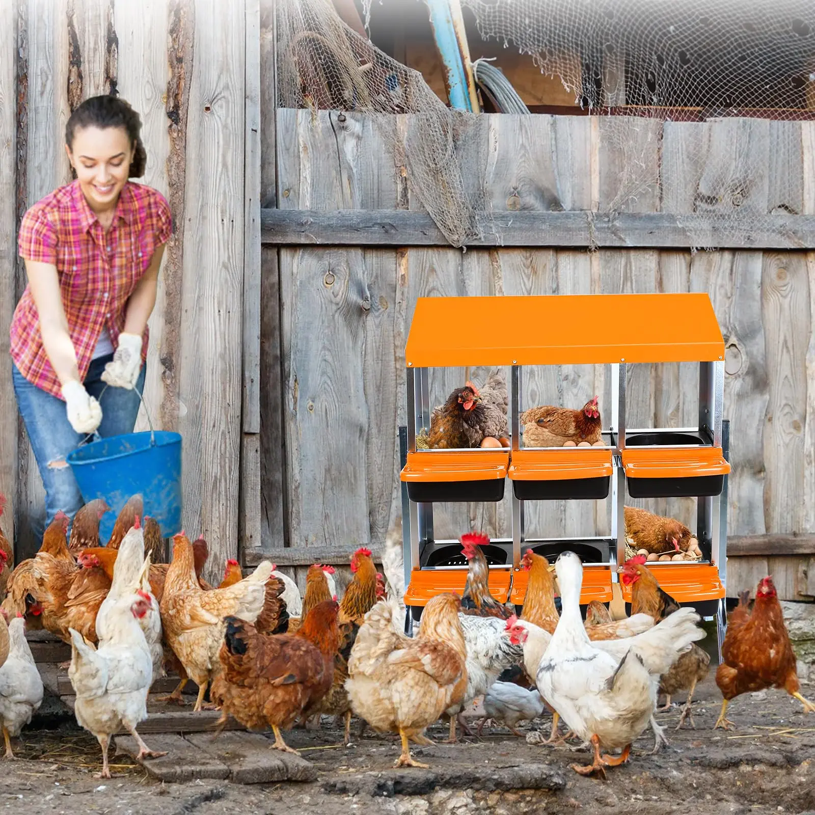 Orange Chicken Nesting Box with 6 Compartments, Lid Cover, Roll Away Design, Metal Bracket – Ideal Laying Boxes for Chickens