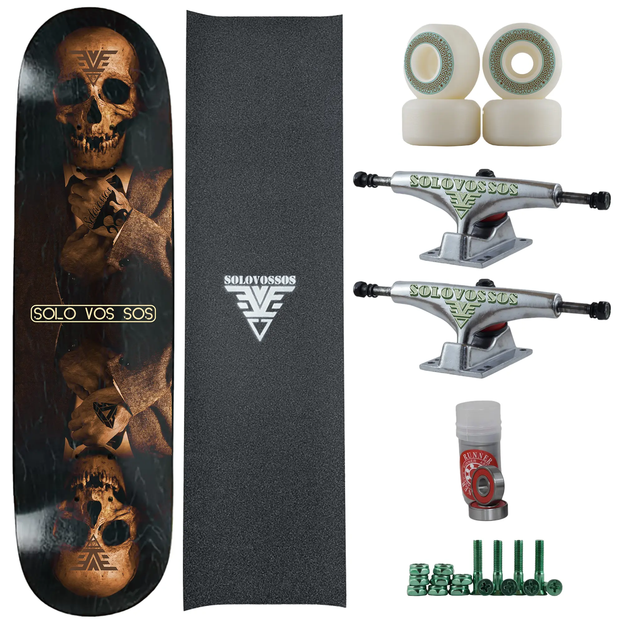 solo vos sos SSV Not Assembled Skateboard Kit, Skull-Faced Figure Graphic with Tattoo Detail, Includes Full Set of 90A Bushings, 83B/103A Durometer Wheels, Mounting Bolts, ABEC 7 Bearings