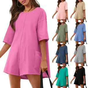 FMEYOA Rompers for Women 2025 Summer Athletic Oversized Romper Short Sleeve Jumpsuit with Pockets