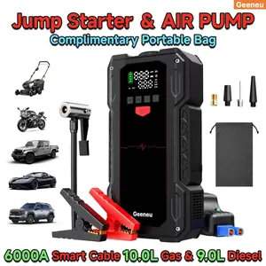 6000A Multifunctional Car Jump Starter, works for 10.0L gas and 9.0L diesel vehicles. Integrated with 5 practical functions: digital display, automatic tire inflator, power bank and LED flashlight, ideal for daily and emergency roadside use.