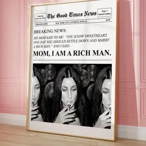 Trendy Newspapers Print Mom I Am A Rich Man Cher Quote Poster Retro Bar Cart Feminist Wall Art Magazine Cover Aesthetic New York News