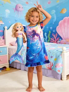 Girls' Princess Style Mermaid Sleepwear Set, Cute Fitted Design, All-Over Printed Fabric, Ideal for Home Comfort & Playtime, Sleepwear Dresses, Sleepwear Nightgown