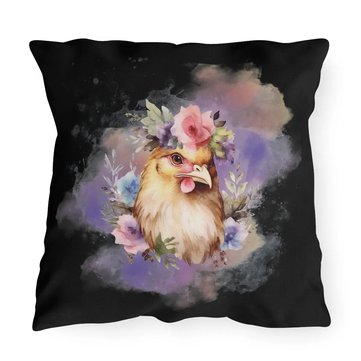 Chicken Head with Floral Crown and Watercolor Background Outdoor Pillows, Patio Pillow