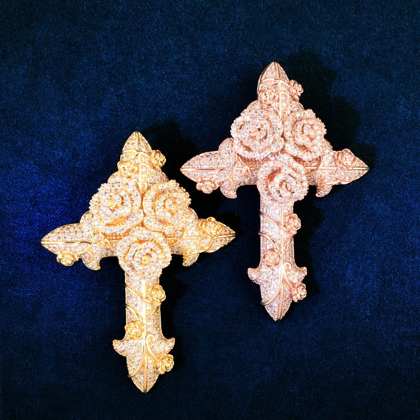 QUEENDO Iced-Out Rose Cross Pendant Necklace - Fully-Paved Sparkling Stone Floral Charm, Retro Gothic 3D Design, 2-Tone Gold & Rose Gold Finish, Streetwear Statement Accessory, Adjustable Link Bracelet, Party Daily Jewelry Gift