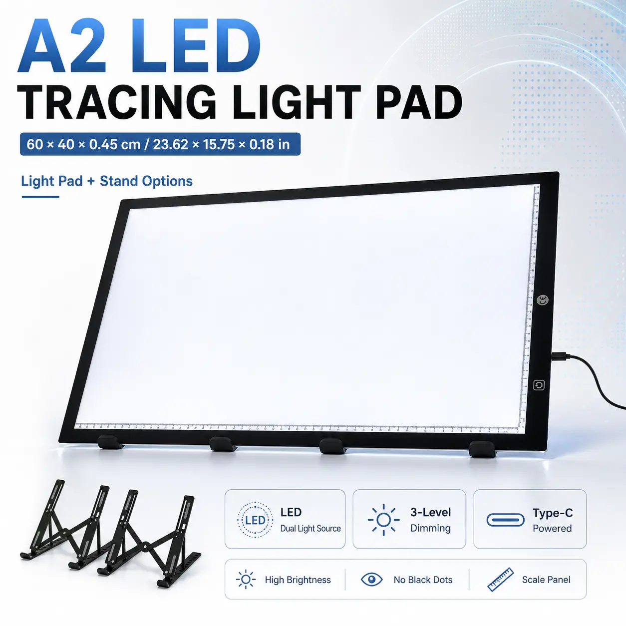 A2 LED Tracing Light Pad Set - Large Light Board with Stand, Type-C Cable, Binder Clips, 3-Level Brightness for Diamond Painting, Sketching, Tattoo Stenciling
