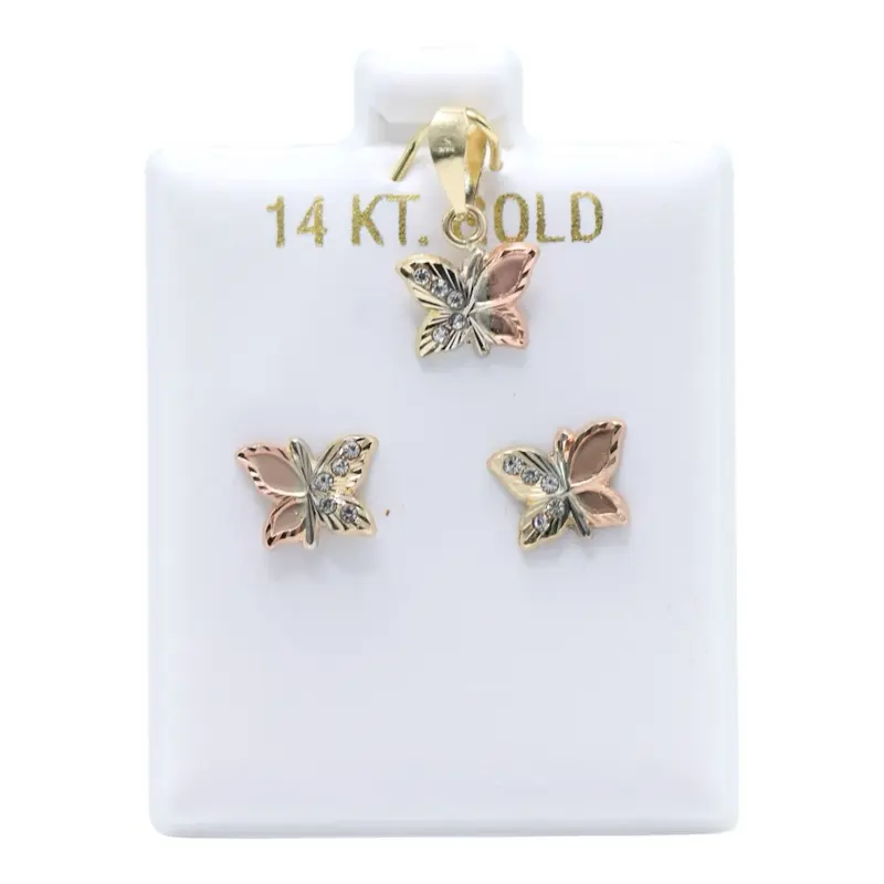 14KT Gold 3 Tone CZ Butterfly 2-Piece Jewelry Set - Pendant and Screw-On Earrings