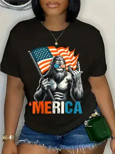 100% Cotton Bigfoot Merica Rock American Flag Patriotic 4th Of July T-Shirt