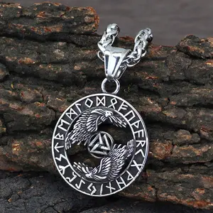 GTHIC Anti-Tarnish Viking Odin Raven Valknut Rune Stainless Steel Pendant Necklace - 27g, 27x37mm Animal Theme Biker Jewelry for Daily Wear
