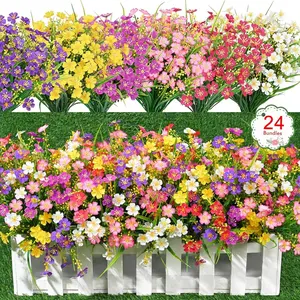 Artificial Flower Bouquet, 12/24pcs Outdoor UV Resistant Plastic Fake Decorative Flowers for Home Indoor Outside Garden Ornaments, Home Decoration Bouquet, Artificial Flower Plant, Plastic Faux Flowers