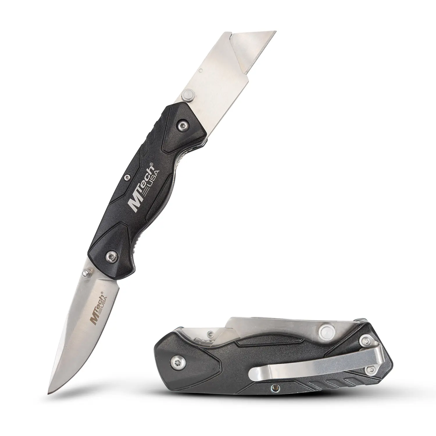Mtech USA 2-in-1 Folding Utility Knife - Fast Box Cutting Tool with Quick-Change Cutter, Belt Clip, Liner Lock - Dad Gift