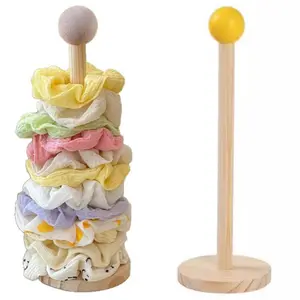 Solid Wood Hair Accessory Organizer |   Multi-tier Design, Suitable for Hair Ties, Clips, and Jewelry |   Soft Neutral Colors |   Durable Desktop Storage with Textured Base |   Home Decor, Hairstyling Accessories, and Jewelry Display, Jewelry Towers
