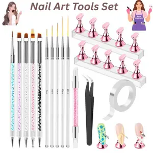 15 pcs Nail Art Tools Set for Gel Nails, Press On Nail Stand Holder, Nail Brushes & Dotting Tools, French Tip Liner Brush Kit, Nail Design Supplies