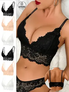 6 Pack Value Set Women's Lace Bralette, Wireless Comfy Daily Bra with Removable Pads, Multi-Color Floral Lace Crop Tops, Essential Intimates Pack.