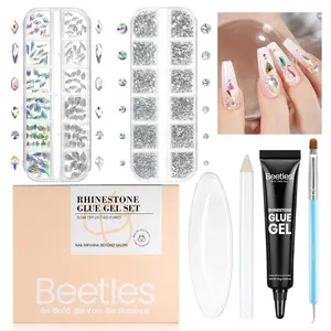 Beetles Gel Polish Nail Glue with Nail Gems Set, 15ml Nail Rhinestone Glue &2 Boxs Rhinestones For Nails Art Manicure DIY Home Gifts for Girls