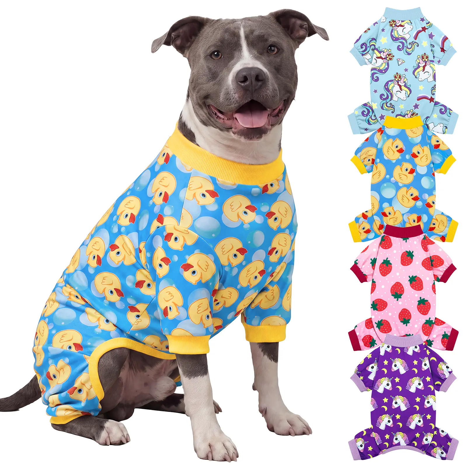 XPUDAC Pet Christmas Pajamas, 4-Piece Duckie & Strawberry Pattern Soft Stretchy Outfits for Small, Medium, Large Dogs & Cats - Festive Gift Clothing,Summervibes,Petlovers