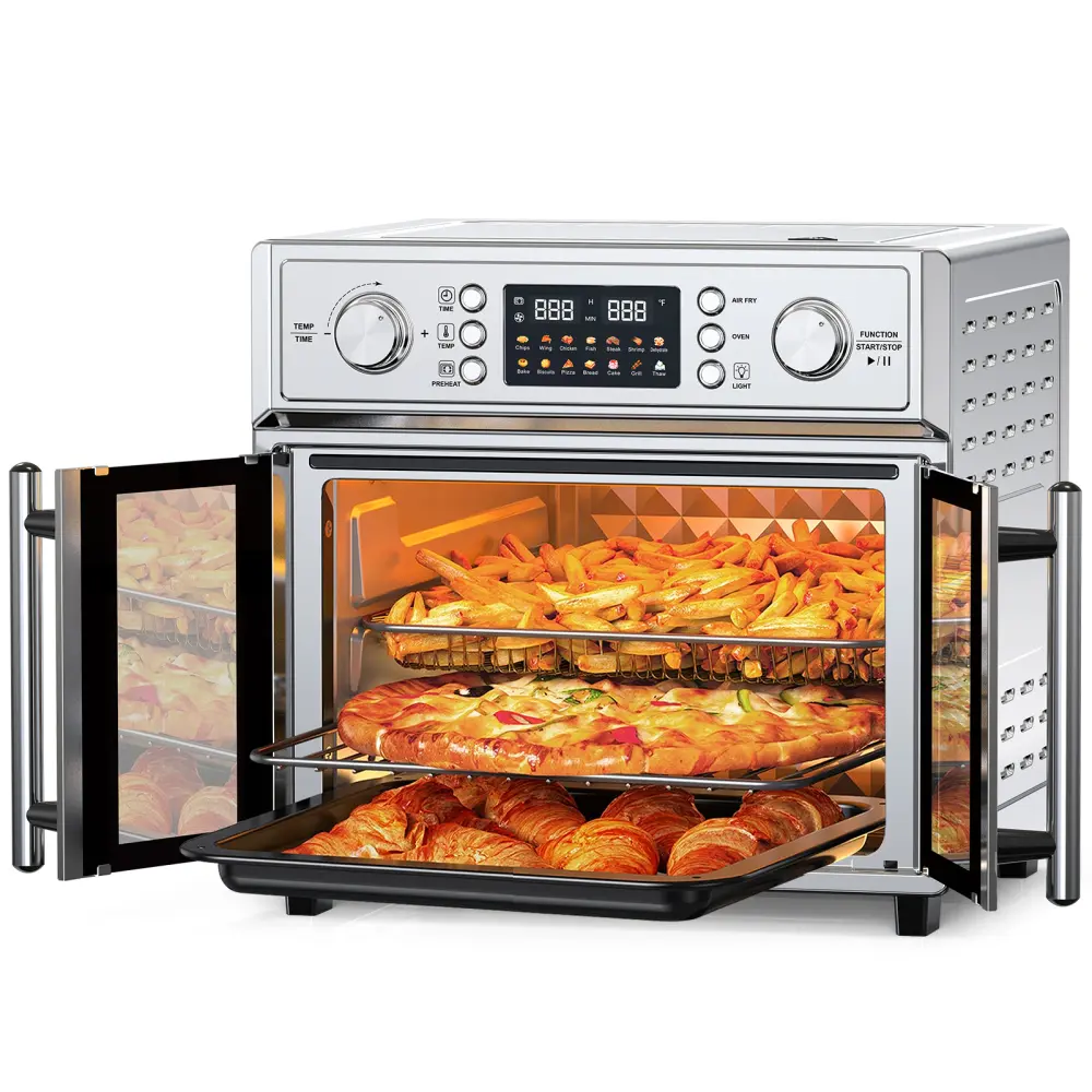 PlumChef French Double-Door Digital Toaster Oven - 27.5-29.5QT Large Capacity, 1700W High Efficiency, 14 Preset Menus, 7-in-1 Multifunction (Bake, Roast, Grill, Toast, Dehydrate, Defrost), Easy Cleaning Stainless Steel Silver Countertop Convection Oven
