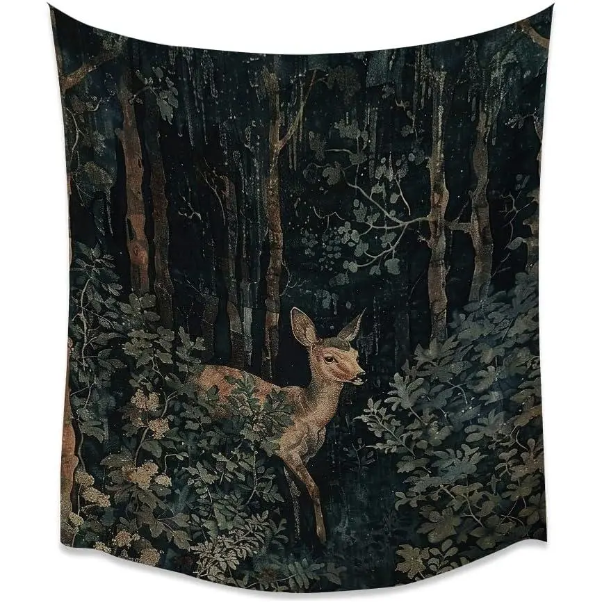 30x40in Dark Academia Deer Print Linen Tapestry - Moody Gothic Botanical Digital Print, Vintage Aesthetic Peach Mat Wall Hanging, Wrinkle Resistant Multi-Size Home Decor for Bedroom, Daily Business Storage Anniversary Inspo