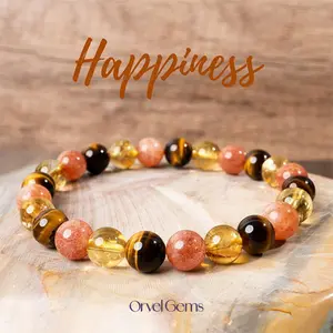 Happiness Healing Crystal Bracelet  | 8mm Sunstone, Citrine, Tiger's Eye, Rose Quartz, Lapis Lazuli Beads | Crystal Jewelry for Joy, Harmony, and Prosperity B018 Perfect for Men, Women, Couples, and Friends | Ideal for Daily Wear, Meditation, Gift