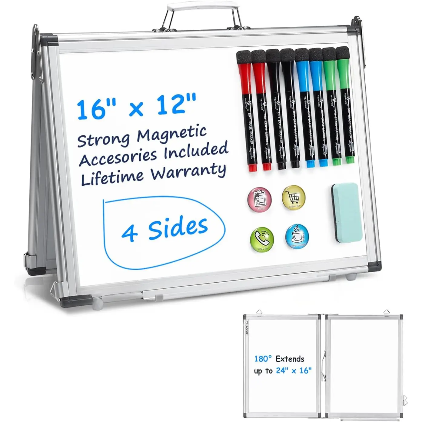 Small White Board - 12 x 16 Inches 4 Sides Portable Whiteboard Mini Foldable  Desktop Easel for Students, Tabletop Memo with 4 Hooks for Wall Hanging , School, Home