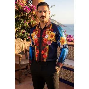 Greca Hibiscus Stone Long Sleeve Cotton Shirt for Men - Slim Fit Striped Floral Tiger Design