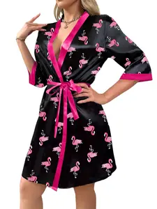 Silk-Like Comfortable Elegant Sexy Loose Long Robe with Belt, Spring & Fall Flamingo Animal Pattern, 3/4 Sleeve Contrast Binding Design