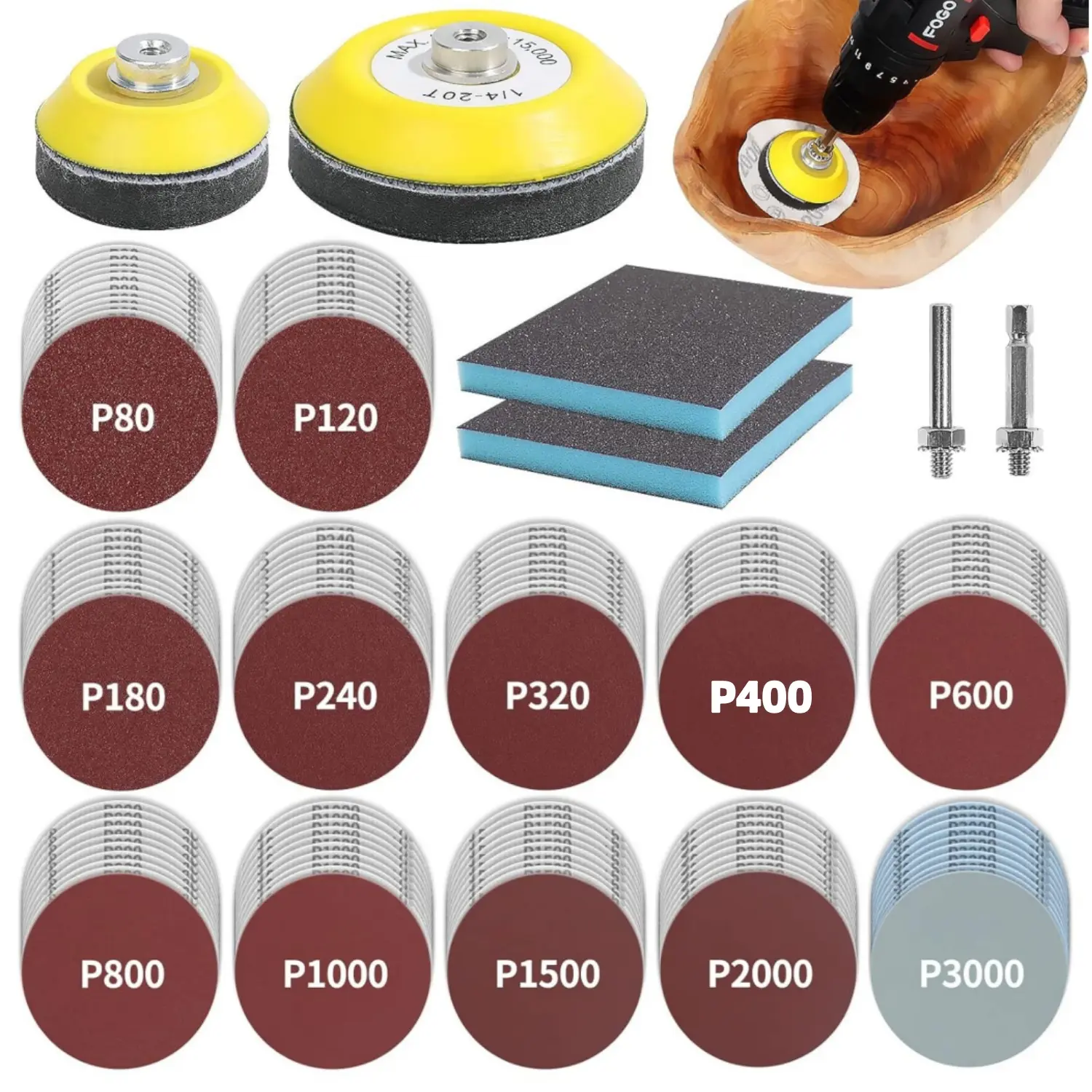 120Pcs 3in Aluminum Oxide Sanding Discs (80-3000 Grit) Sandpaper Set with 2in-3in Backer Pads, Sanding Sponge, 1/4in Shank Types Drill Grinder Rotary Tool Attachments for Drills, High-Quality Construction