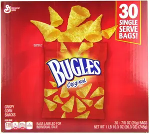 General Mills Bugles Original Flavor Crispy Corn Snacks 30 Single Serve Bags