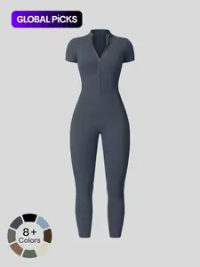 Women's Solid Short Sleeve Half Zip Sports Jumpsuit, Sporty Stand Collar Skinny Jumpsuit for Yoga Gym Workout, Ladies Sportswear for All Seasons, Workout Gym Clothing, Sporty Comfy Jumpsuit, Workout Jumpsuits, Stretchable Activewear