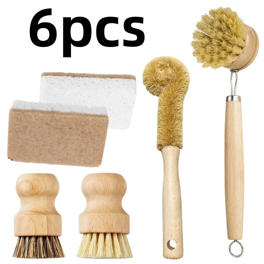 6 pcs Kitchen Cleaning Brush Kit Bamboo Dish Brush Wooden Handle Kitchen Scrub Brushes Multi-Purpose Dishwashing Cleaner for Dishes, Cookware, Bottles& Produce