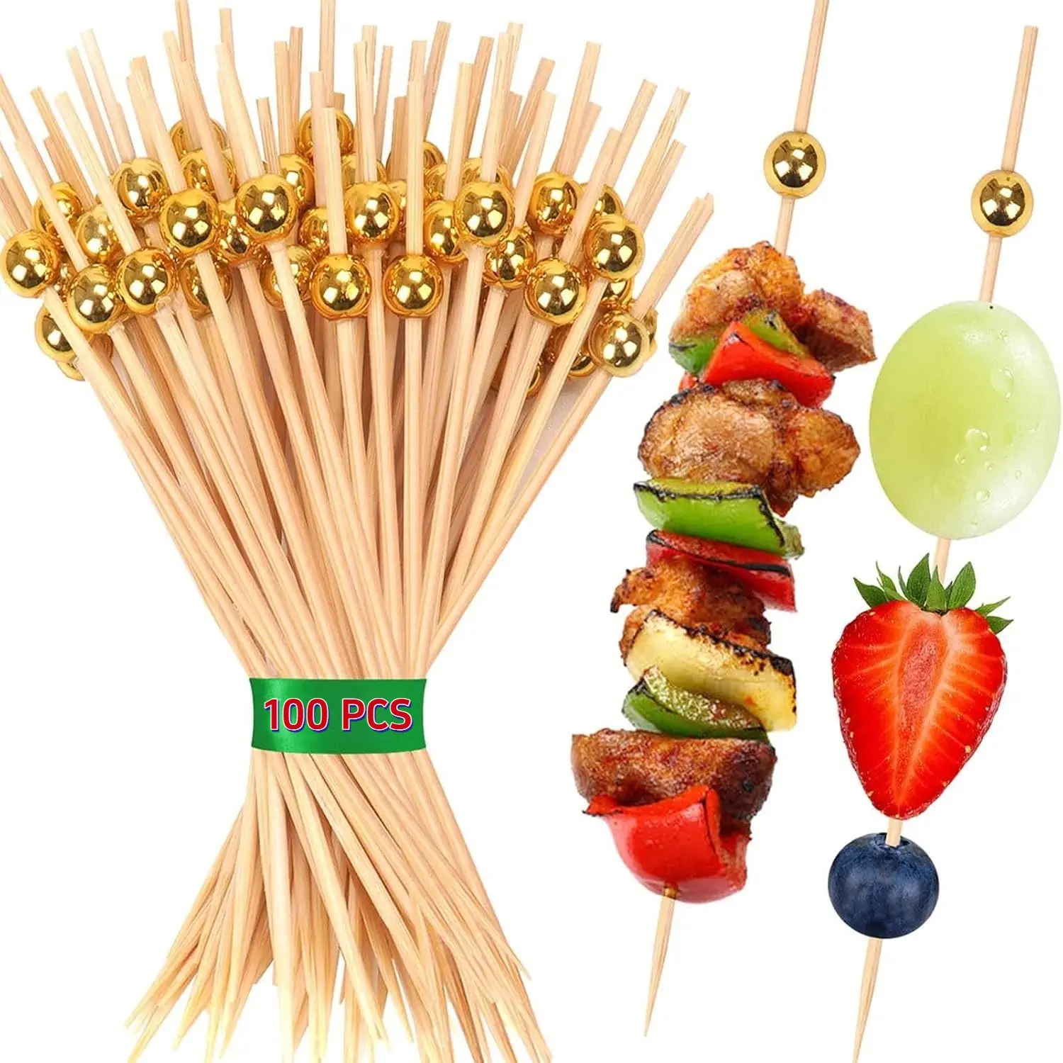 (Pack of 100) 4.7 Inch Gold Pearl Bamboo Cocktail Picks, Fancy Mini Garnish Skewer Toothpicks, Kitchen Serving Supplies for Party Charcuterie Appetizer Fruit Dessert Sandwich Drink