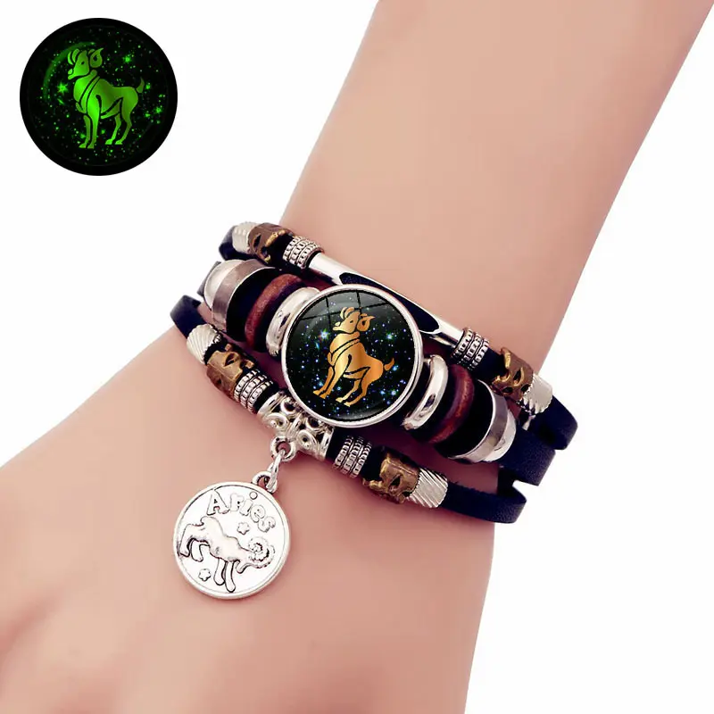 Handcrafted Leather Zodiac Bracelet with 12 Zodiac Signs Luminous Beads, Multi-Layer Fashion Jewelry Gifts for Men and Women Couples, Bead Bracelets, Everyday, Matching Pair, Exquisite Bracelet