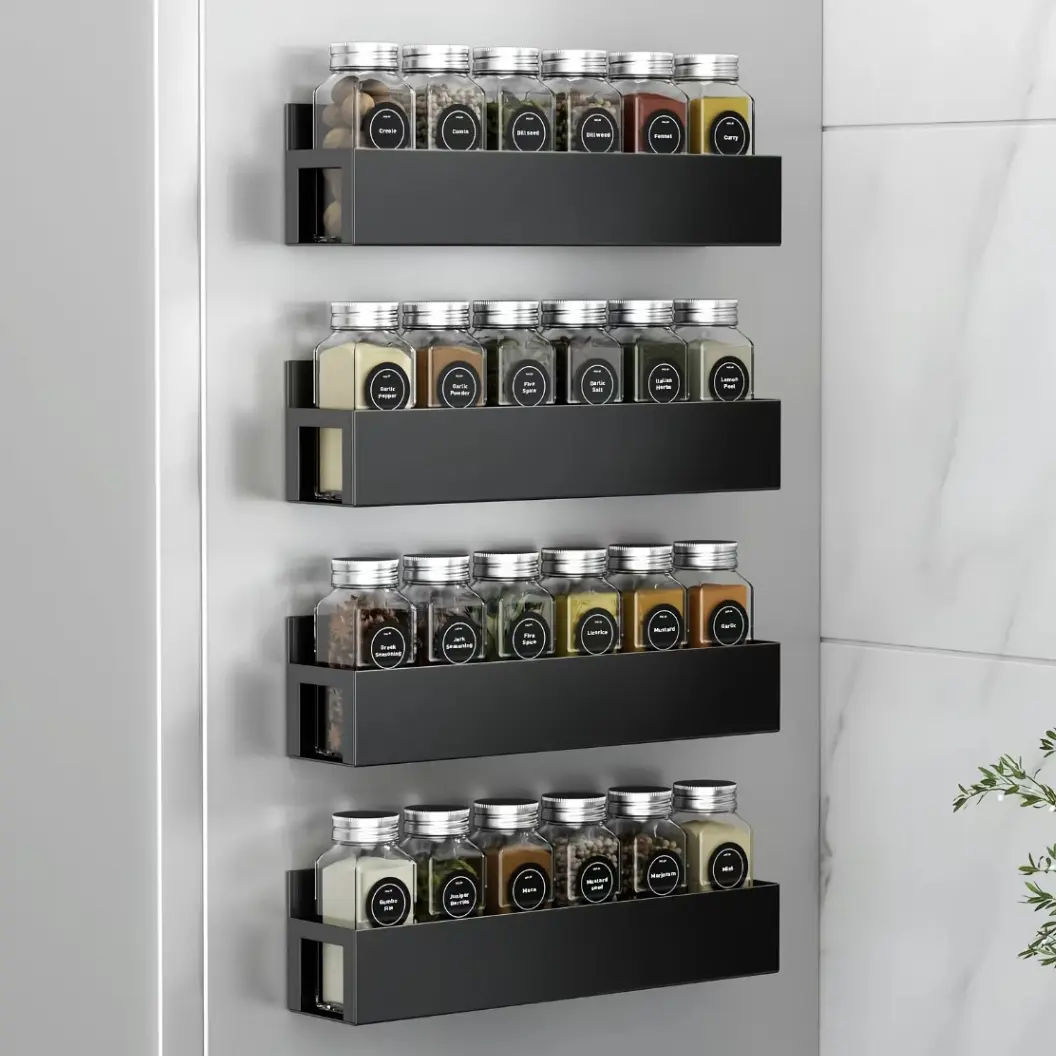 Black 4-Pack Metal Magnetic Spice Rack Organizer with Hooks, Durable Storage & Adjustable Home Organizer for Refrigerator, Oven, Kitchen-Shelf Storage Rack
