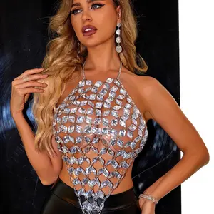 Rhinestone Backless Halter Neck Cami Top