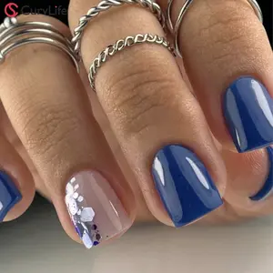 Royal Blue Press On Nails | CurvLife Nail | 24pcs Short Square Fake Nails | Glitter Accent Design | Easy Apply, Durable Wear | Daily & Business Nail Art Acrylic Overlays