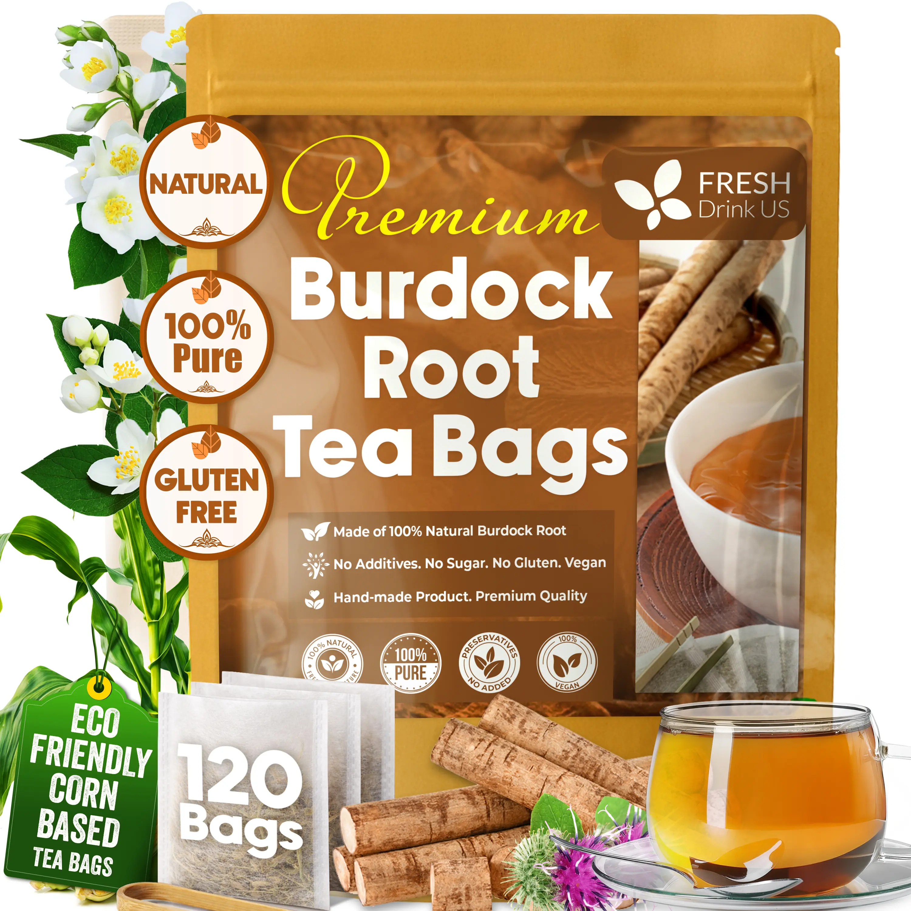 120 Burdock Root Tea Bags, 100% Natural & Pure from Burdock Root. Burdock Root Herbal Tea. Burdock Root Tea. No Sugar, No Caffeine, No Gluten, Vegan. Beverage
