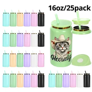 25pcs 16oz Stainless Steel Thermal Cup with Lid & Straw Sublimable Vacuum Insulated Rainbow Tumbler for Party Elegant Drinkware Holiday Gifts Mixed Color