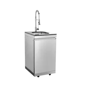 Outdoor Sink Cabinet with Tap, 304 Stainless Steel Kitchen Island Cart with Granite Countertop, Freestanding Utility Sink Station with Lockable Caster Wheels and Reversible Doors, Silver, 19.3 x 22.67 x 35.43 in