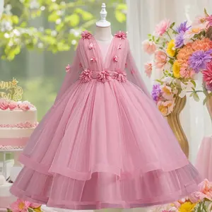 Girls Princess Dress Pink Tulle Flower Sleeveless Formal Dress for Wedding Party Birthday first  communion  dress