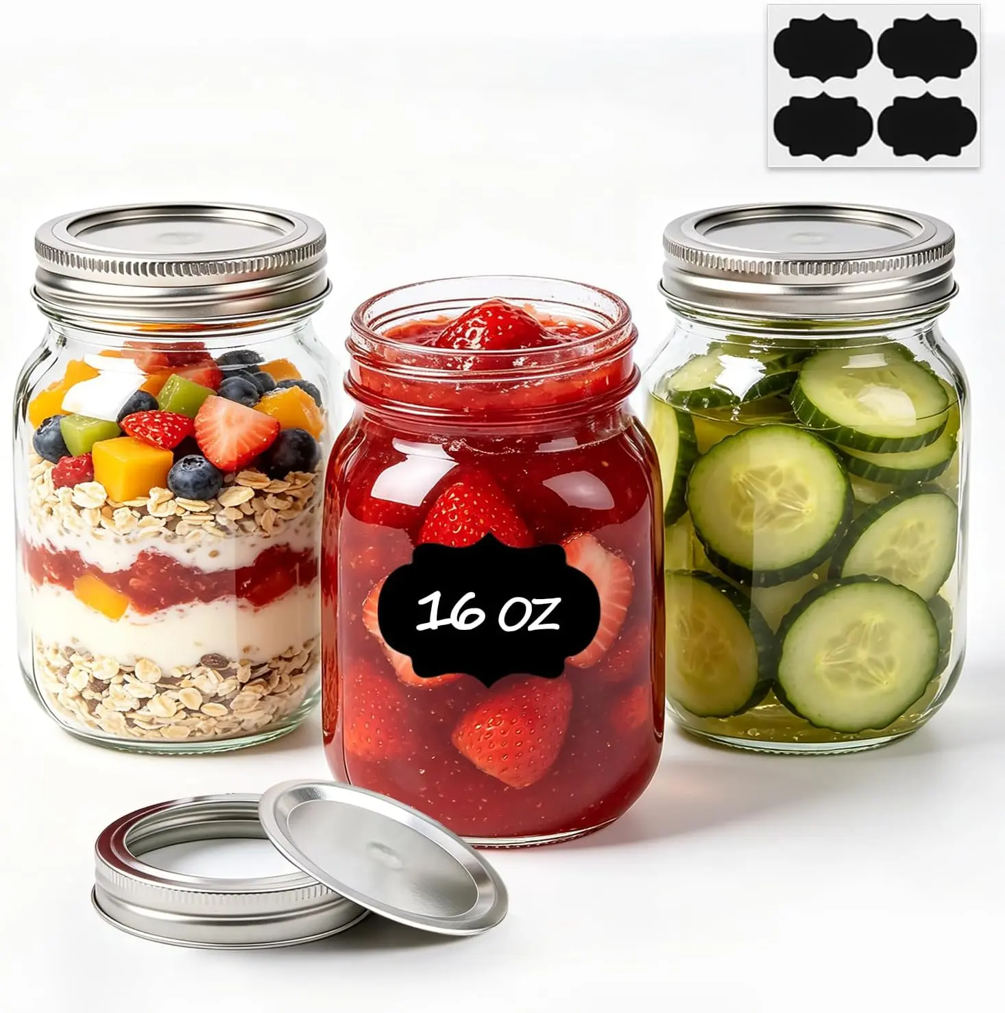 Regular Mouth Mason Jars 16 oz with Lids, 3 Pack Canning Jars | Airtight Safety-Button Lids, Food Grade Pint Size Jars, Freezer Safe Glass, incl. 4 Chalkboard Labels, BPA-Free Material