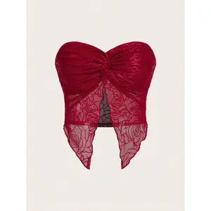 Spring  Twist Front Split Hem Tube Red Top