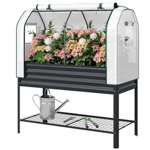 Durable Galvanized Raised Garden Bed with Protective Greenhouse Cover - Elevated Planter with Bottom Shelf, Black Finish