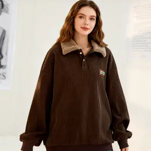 Corduroy Polo collar sweater couple autumn and winter style plus velvet thickened simple fashion lamb wool coat Comfort Long Sleeve Clothes Vintage streetwear vacation outfits