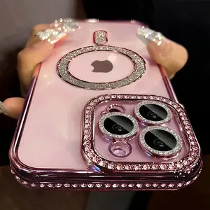 New Luxury Fashion Glitter Diamond Transparent Protective Case for iPhone 17 16 15 14 Plus 13 12 11 Pro Max 17 Air Magnetic Wireless Charge Back Cover Accessories
