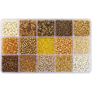 Mix 15 Color Glass Seed Tube Beads Glass Bugle Beads Loose Kit for Jewelry Making DIY Craft Beading (Mix 15 Color, Gold)
