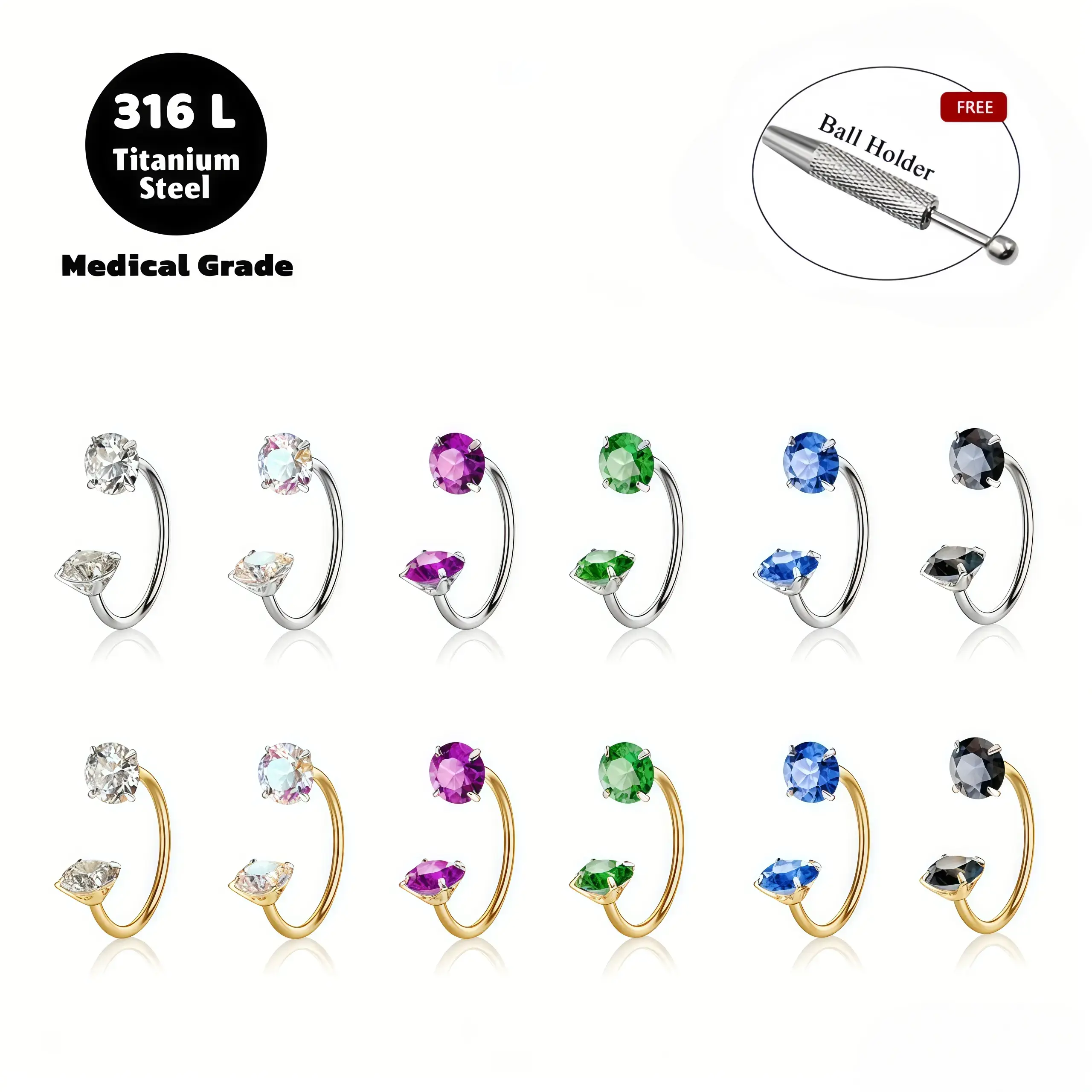 6-Piece 316L Titanium Steel Nose Rings, 18G 8mm Internally Threaded Gem Horseshoe Hoops for Daily Wear Nose Piercing Jewelry, Ball Holder, Everyday Use, Horse Shoe Nose Ring Piercing Jewelry
