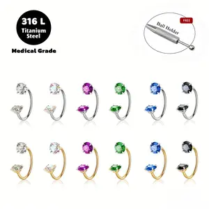 6pcs Value Pack 316L Titanium Steel 18G 1.0mm Internally Threaded Gems Horseshoe Hoop Nose Rings, Nose Piercing Jewelry with Free Ball Holder & Guiding Tube #summervibes